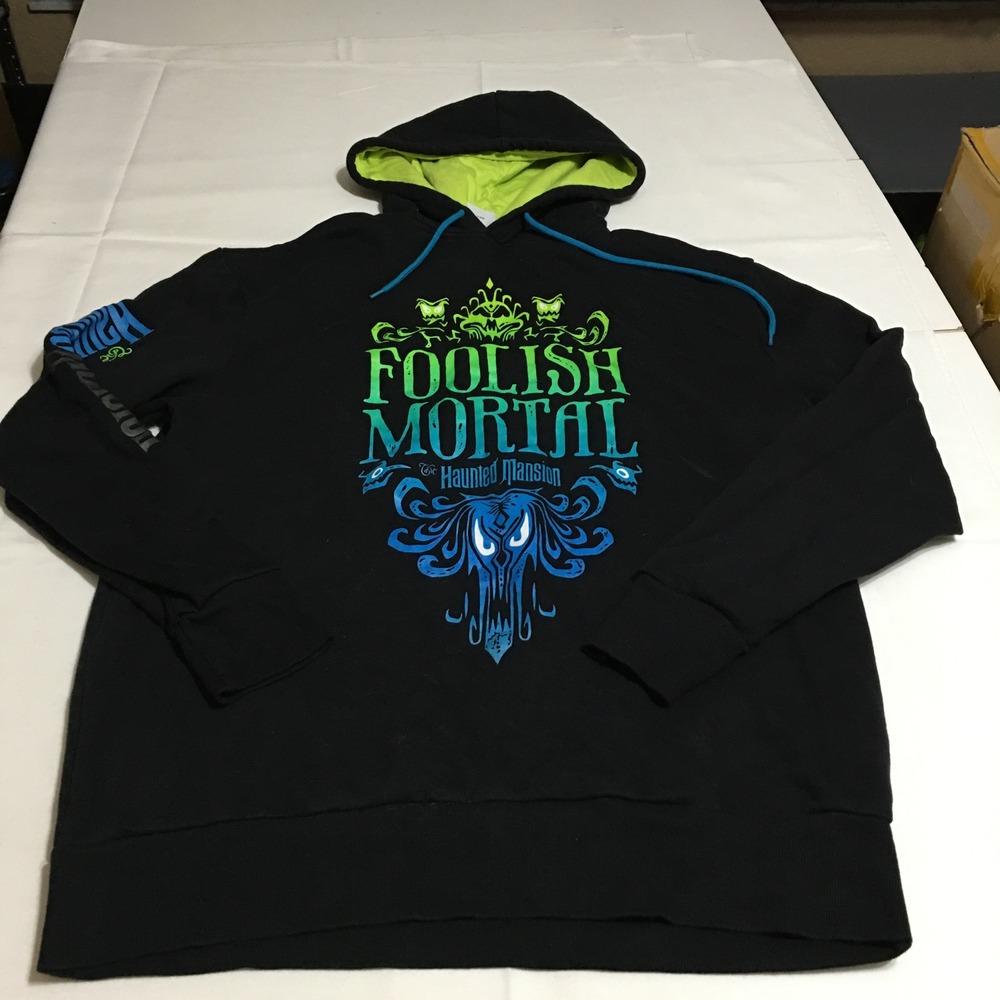Disney Parks Haunted Mansion Hoodie Mens Large Black Foolish Mortal Pullover